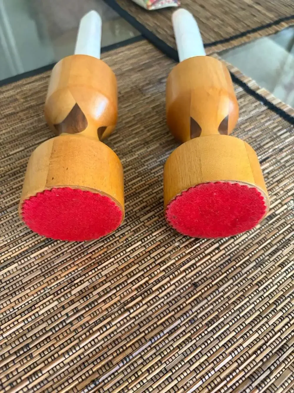 Pair of Mid-Century Danish Modern Turned Wood Candlestick Holders with Inlay